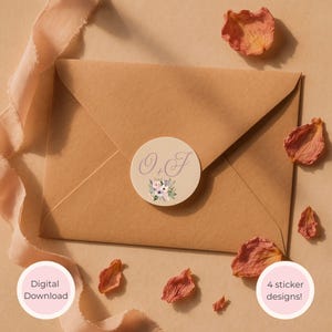 May include: A tan envelope with a round sticker featuring the initials "O + J" in a light purple script, with a floral design below. The sticker is centered on the envelope. The words "Digital Download" and "4 sticker designs!" are in pink circles.