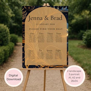 May include: A wedding seating chart with the names "Jenna & Brad" and the date "11 JANUARY 2026" in gold lettering. The chart is on a wooden easel, with a navy blue and gold design. The words "PLEASE FIND YOUR SEAT" are also visible.
