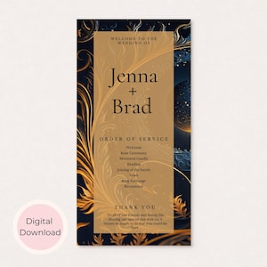 Puede incluir: Un programa de boda de descarga digital con un diseño azul marino y dorado. El programa incluye los nombres "Jenna + Brad", el orden de la ceremonia y un mensaje de agradecimiento. También se ven las palabras "Descarga digital".