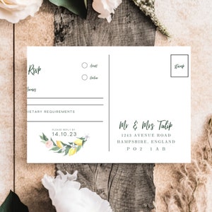 La carte postale RSVP de mariage de la collection Citrus, conception double face, modèle Canva, conception imprimable, RPC02