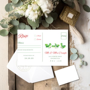 The Christmas Holly Collection RSVP Postkarten Vorlage, Hochzeitseinladung Reaponse, Weihnachtshochzeit, Hochzeitseinlage, in Canva bearbeiten RPC03