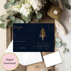 Christmas Tree Collection RSVP Postkarten Vorlage, Hochzeitseinladungspostkarte, RSVP Card Postkarte, Weihnachtshochzeit, Antwortkarte, RPC04