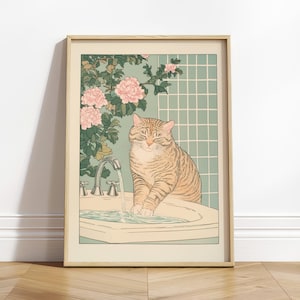 Tabby Cat Bathroom Print: Ukiyo-e Japanese Wall Art
