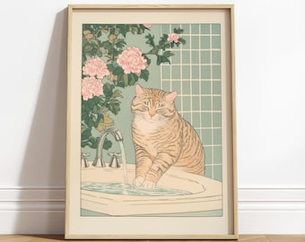 Tabby Cat Bathroom Print: Ukiyo-e Japanese Wall Art