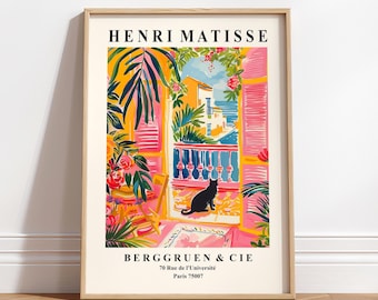 May include: A colorful poster featuring a painting by Henri Matisse. The painting depicts a balcony with a view of a cityscape and a black cat sitting on the railing. The poster also includes the text "Henri Matisse" and "Berggruen & Cie 70 Rue de l'Université Paris 75007".