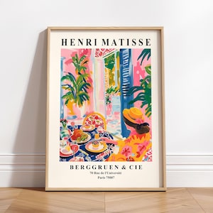 Decoración de dopamina, Mujer cenando en un restaurante, Arte mural preppy, Impresión artística estilo Matisse, Póster de mediados de siglo.