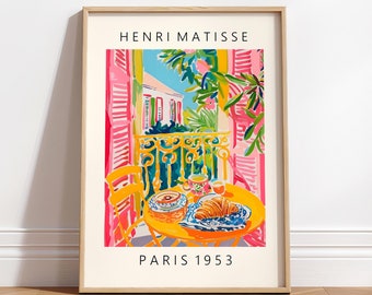 Konsttryck med kaffe och croissant i Matisse-stil: Rosa affisch i mitten av århundradet