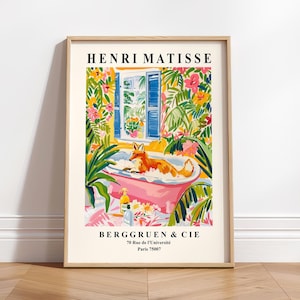 Divertente poster con volpe nella vasca da bagno, arte murale di metà secolo, stampa d'arte di Matisse, arredo bagno tropicale rosa