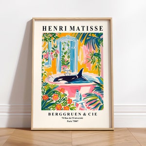 Lámina artística de orca en la bañera, lámina tropical rosa, obra de Henri Matisse, póster de animales, lámina de ballena, decoración de baño