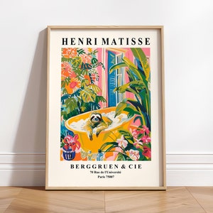 Lámina de perezoso en la bañera, lámina de Matisse, póster para baño, arte de pared tropical rosa, lámina de animal