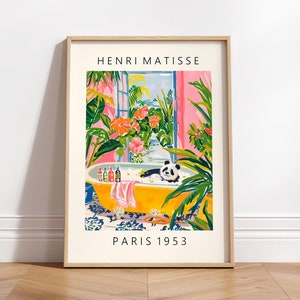 Affiche mignonne de panda, art mural Matisse, décoration de salle de bain maximaliste du milieu du siècle, impression d'art tropical rose