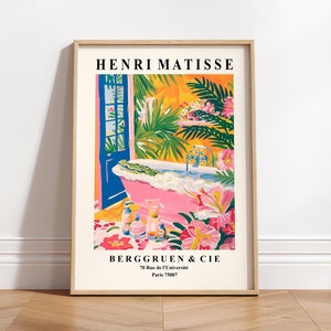 Poster divertente con un alligatore nella vasca da bagno, arte di metà secolo, stampa di Matisse, decorazioni per il bagno rosa, arte murale floreale tropicale