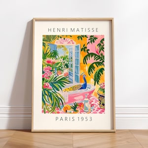 Impresión artística de pavo real en la bañera, decoración maximalista rosa, póster de Matisse, impresión tropical, arte de pared para baño, impresión artística de pájaros