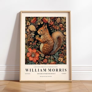 Stampa di William Morris, Arte di scoiattoli, Decorazioni Cottagecore, Stampa floreale, Arte murale di cabine, Stampa di animali della foresta, Arte murale botanica