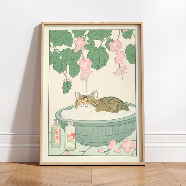 Lámina artística de gato atigrado en la bañera: decoración de baño japonesa en estilo ukiyo-e