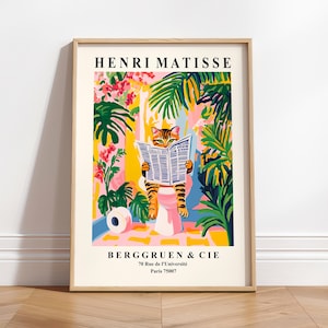 Chat tigré sur les toilettes, art mural drôle de salle de bain, impression Matisse, décor de dopamine rose, art moderne du milieu du siècle