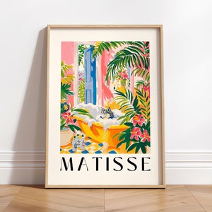 Póster divertido de lobo en la bañera, lámina de Matisse, arte de mediados de siglo, decoración de baño tropical rosa.