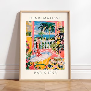Jirafa en la bañera inspirada en el arte de Matisse, póster divertido, impresión de mediados de siglo, decoración de baño rosa, arte mural con flores tropicales