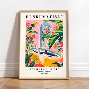 Requin dans la baignoire, impression d'art, décoration de maison de plage amusante, impression tropicale rose, art d'Henri Matisse, art mural de salle de bain, cadeau de surf