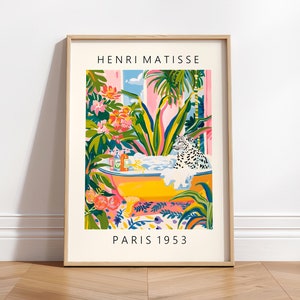 Lámina artística de leopardo de las nieves, póster de Matisse, arte mural rosa, decoración de baño, arte mediterráneo