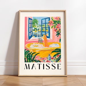 Lámina artística de Matisse, Alpaca en la bañera, Decoración de baño, Arte mural de animales, Lámina rosa de mediados de siglo, Póster tropical