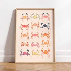 Decoración de habitación playera, arte de cangrejos, decoración de vaquera costera, póster de surf, impresión de mariscos, decoración de dormitorio preppy para chicas universitarias, chica cocotera de casa de playa