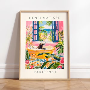 Affiche drôle d'otarie dans la baignoire, art de Matisse, décoration tropicale rose, art mural de salle de bain, impression de maison de plage