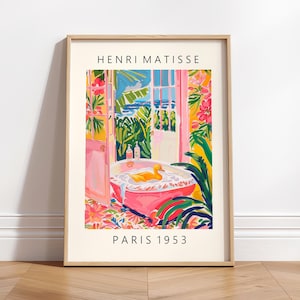 Pôster engraçado de pato na banheira, Arte de parede para banheiro, Decoração de fazenda rosa, Arte de cowgirl, Impressão de Matisse, Impressão de arte de pássaro