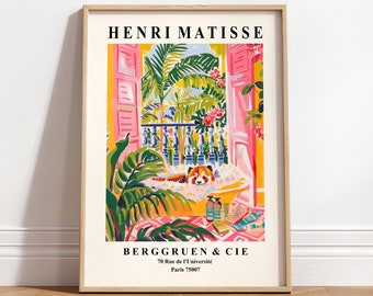 Grappige poster rode panda in badkuip, Matisse-print, badkamerinrichting, roze tropische kunstprint