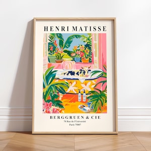 Decoración de granja rosa, Lámina artística de vaca en la bañera, Decoración rústica, Póster de baño, Lámina artística de Matisse, Arte animal