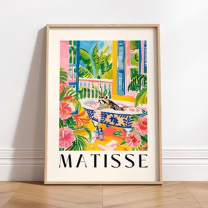 Impression d'art de raton laveur dans une baignoire, art maximaliste rose, art mural Henri Matisse, décoration de salle de bain tropicale, art animalier
