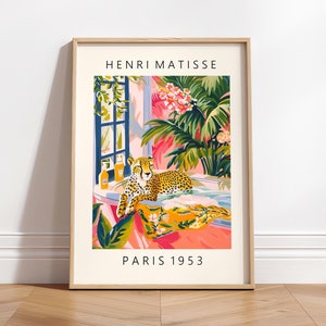 Affiche drôle de guépard dans la baignoire, impression du milieu du siècle, art de Matisse, décoration de salle de bain rose, art mural fleurs tropicales