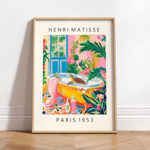 Affiche drôle de tortue dans la baignoire, décor de dopamine, impression de Matisse, art mural tropical de salle de bains, impression d'art rose de plage