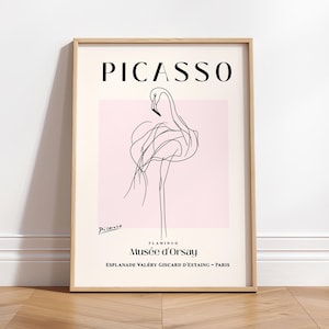Impresión artística de flamenco, póster de exposición de mediados de siglo, regalo para amantes de las aves, arte de Picasso, arte mural minimalista de granja