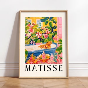 Impression d'art Capybara dans une baignoire, décoration de salle de bain tropicale rose, art mural Henri Matisse, art animalier