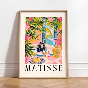 Matisse-print, grappige poster chimpansee in badkuip, roze dopamine decor, maximalistische poster, tropische muurkunst