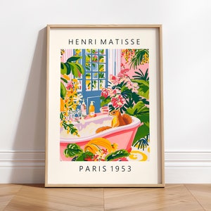 Affiche drôle d'écureuil dans la baignoire, décoration de salle de bain, impression Matisse, décoration de salle de bain, impression d'art tropical rose