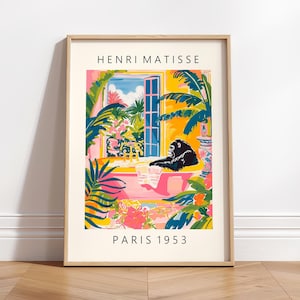 Póster rosa de gorila en la bañera, decoración de dopamina, impresión maximalista de estilo Matisse, arte de pared tropical