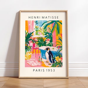 Affiche drôle de pingouin, décoration de dopamine, art tropical rose de salle de bains, affiche de Matisse