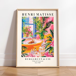 Matisse-poster, schattige otterposter, maximalistische badkamerinrichting uit het midden van de eeuw, roze tropische kunstprint