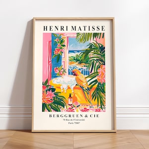 Póster de loro en la bañera, decoración maximalista rosa, impresión tropical, impresión artística de Matisse, arte de pared para baño, impresión artística de pájaros