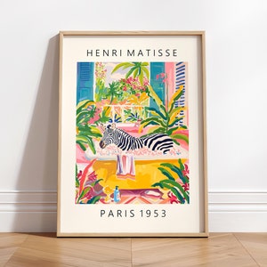 Art mural maximaliste, affiche drôle de zèbre dans la baignoire, décor de safari rose, imprimé animal
