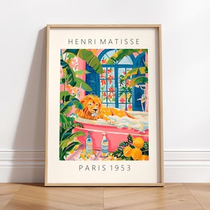 Löwe in der Badewanne Poster, Matisse Poster, Pinkes Badezimmer Dekor, Tier Wandkunst, Funky Dekor, Safari Kunstdruck