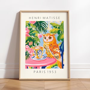 Owl Drinking Coffee Art Print: Matisse Style Kitchen Decor
