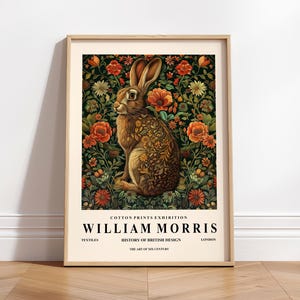William Morris Kaninchen Druck, Botanischer Kunstdruck, Hase Kunstwerk, Dark Cottagecore Dekor, Ausstellungsplakat der Mitte des Jahrhunderts