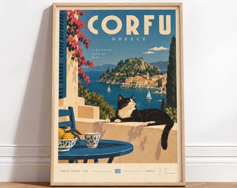 Corfu Travel Poster: Cat Print, Vintage Greece Island Wall Art, Retro Style