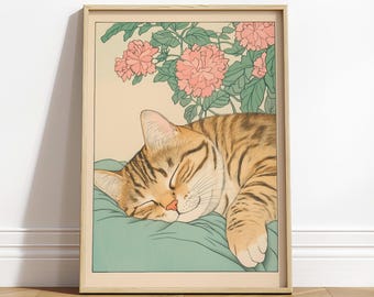 Sleeping Tabby Cat Print: Japanese Ukiyo-e Wall Art