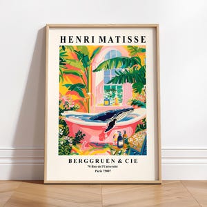 Póster de ballena jorobada en la bañera, decoración playera con dopamina, lámina de Matisse, arte mural maximalista, decoración de casa de playa rosa