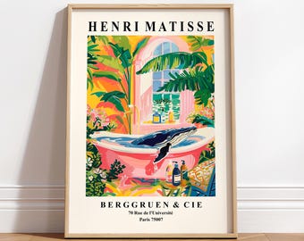 Humpback Whale in Bathtub Art Print: Beachy Matisse Style