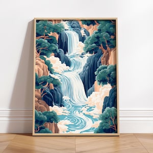 May include: A digital illustration of a waterfall cascading down a mountainside. The water is a vibrant blue and white, and the mountain is a dark blue with hints of green. The scene is framed by lush green trees and clouds.